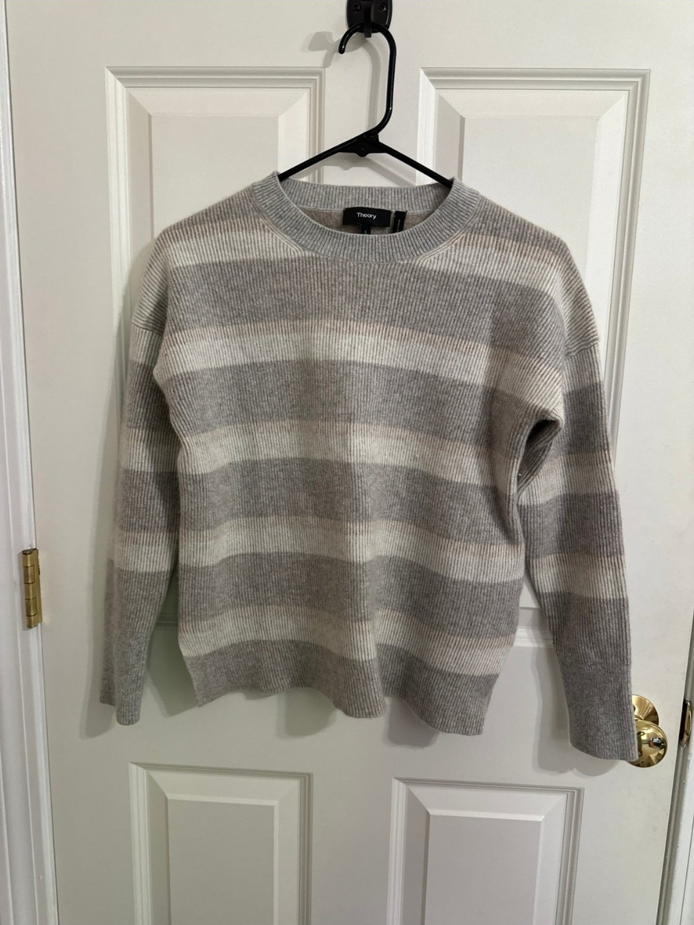 Theory Striped Crewneck Sweater in Gray and Cream Cashmere